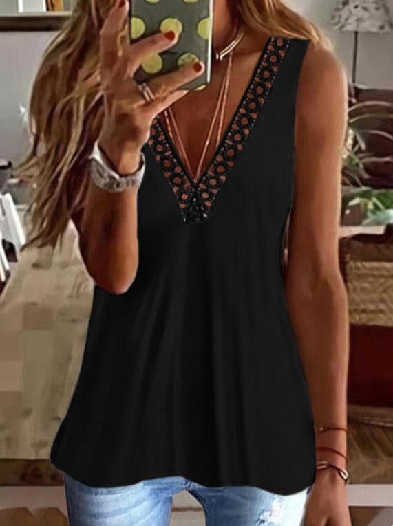 Solid Lace V-Neck Sleeveless Tank Tops