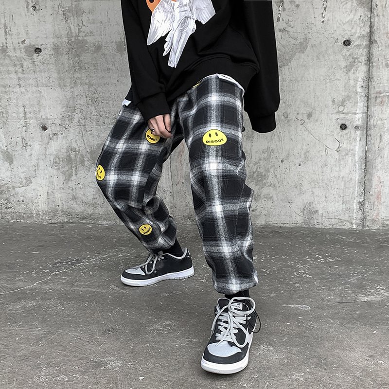Men's Smile Checkered Print Jogger Pants / Techwear Club / Techwear