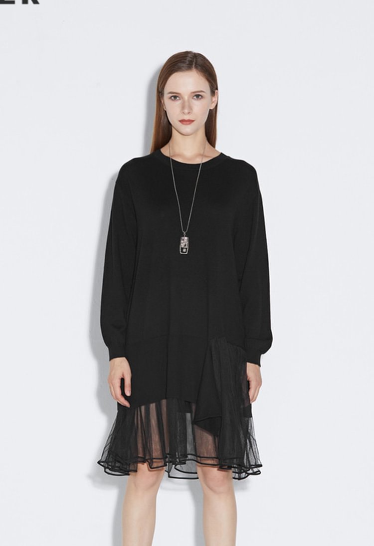 S.DEERCasual round neck mesh stitching long sleeve dress S21381204