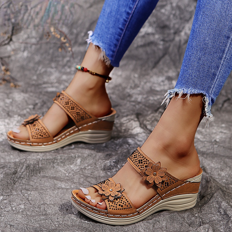 Women Casual Shoes Vintage Flower Fish Mouth Sandals - vzzhome