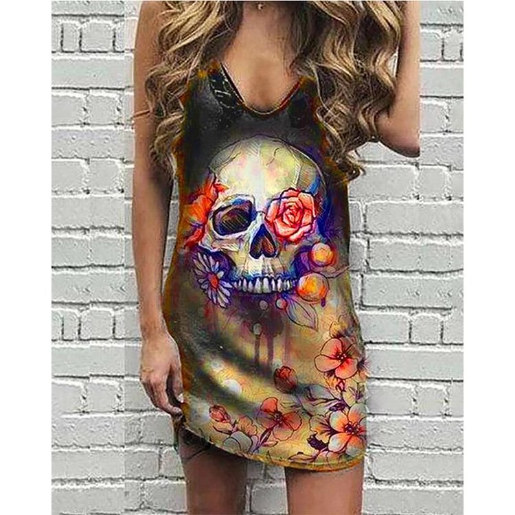 Punk Sleeveless Skull Print Dress-Mayoulove