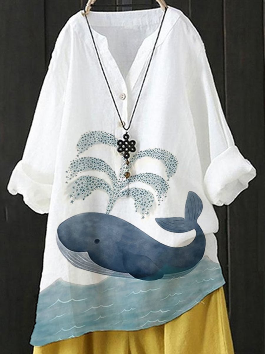 Women's Whale Painting Print Buttoned Casual Linen Shirt