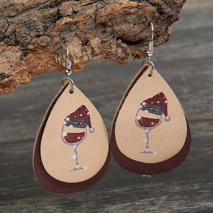 Christmas Series Red Wine Glass Double Pu Leather Earrings