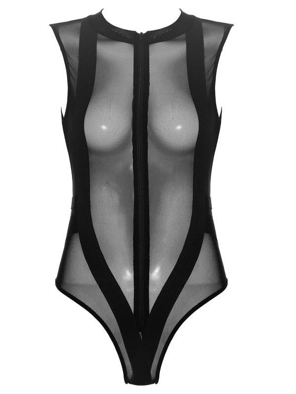 Women's Sleeveless Perspective One-piece Underwear Black Fishing Net Underwear-Icossi