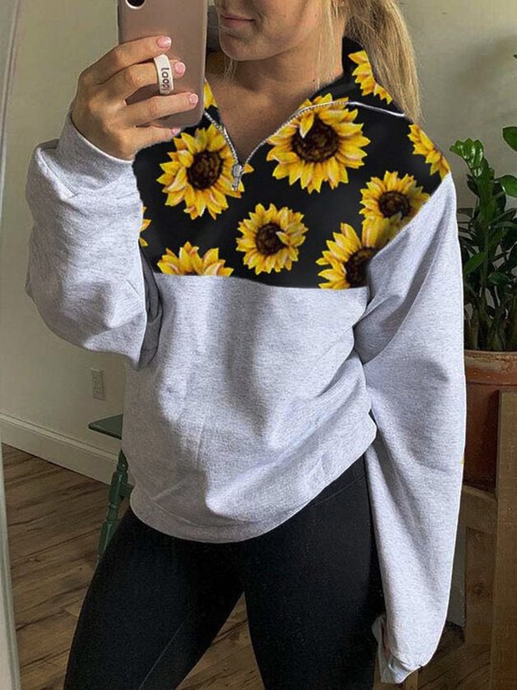 Women's V-neck Sunflower Print Long Sleeve T-shirt