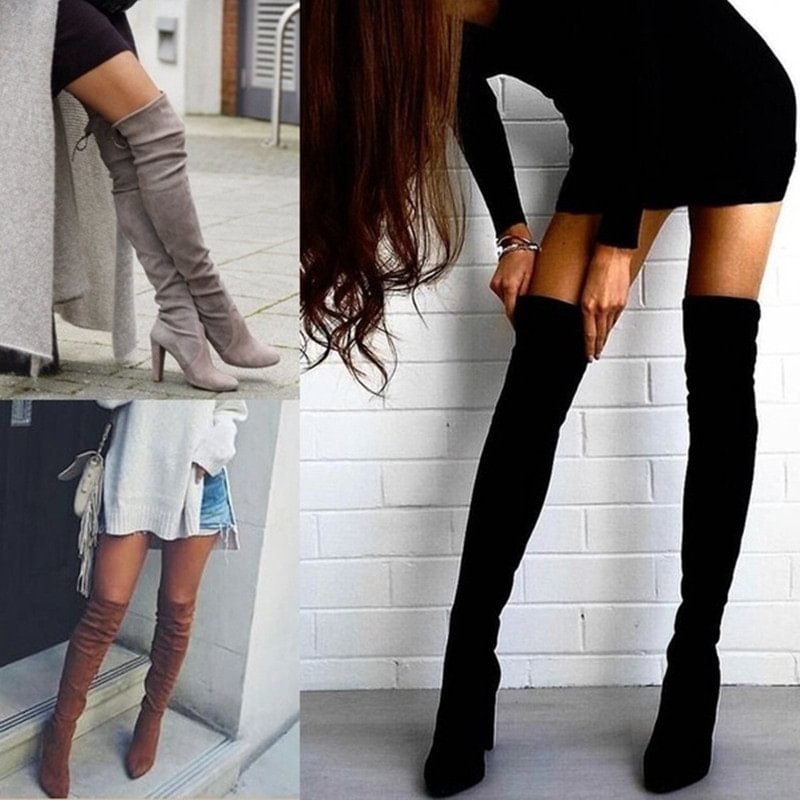 Women's pointed thick heel side zipper over-the-knee boots - vzzhome