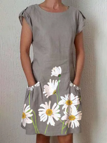 Women's Gray Short Sleeve Floral-Print Dresses