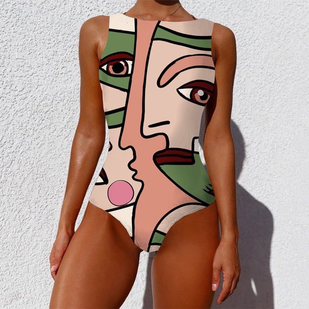 Women Graffiti Abstract Print Wide Straps High Neck Backless Swimsuit