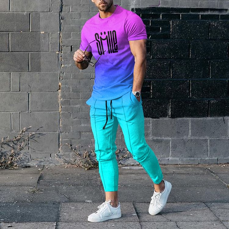 BrosWear Blue Purple Gradient T-Shirt And Pants Two Piece Set