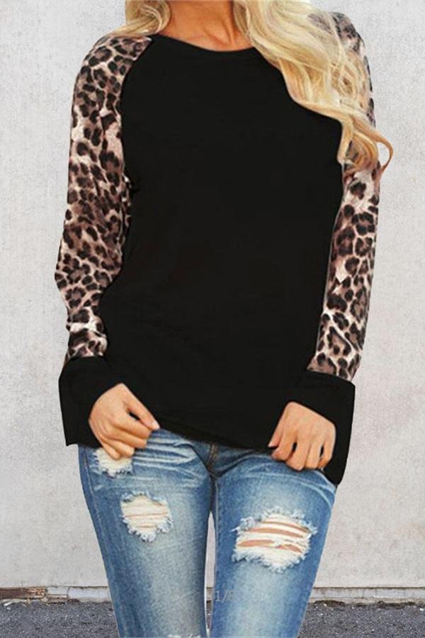 Womens Leopard Print Round Neck Casual Wear T-Shirt-Allyzone-Allyzone