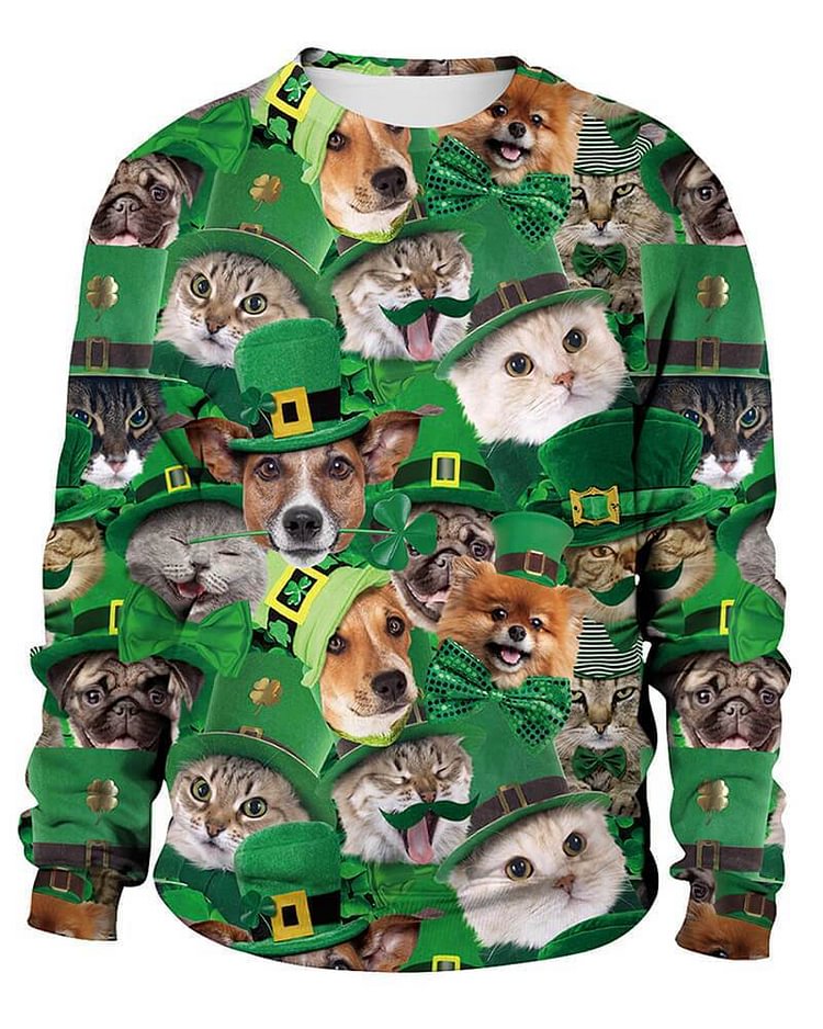 Mayoulove Cat Puppy In The Green Hat Unisex St. Patrick Pullover Sweatshirt-Mayoulove