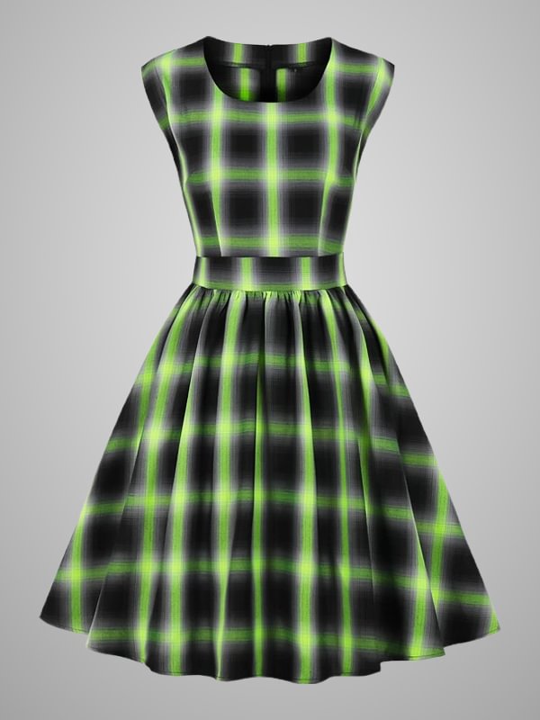 Gothic Dark Plaid Color Block Designed Basic Pattern Sleeveless Dress
