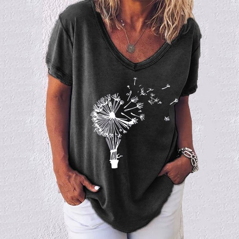 Dandelion print V-neck short-sleeved women T-shirt