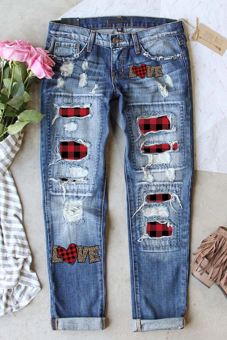 Women's Jeans Plaid Patchwork Letter Mid Waist Straight Jeans-Mayoulove