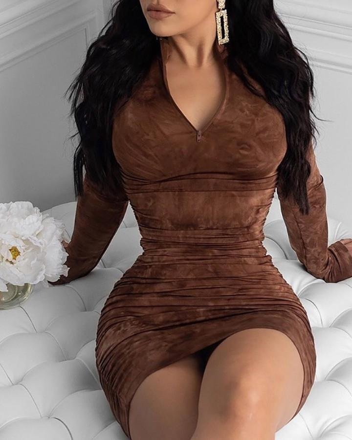 Plain Long Sleeve Ruched Bodycon Dress P13992