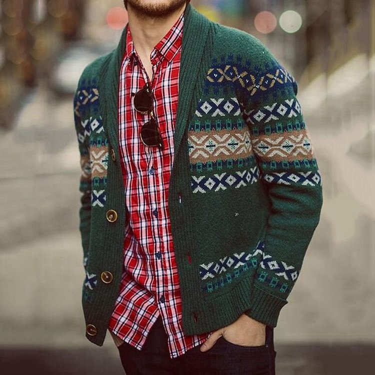 BrosWear Men'S Knitted Jacquard Cardigan Sweater