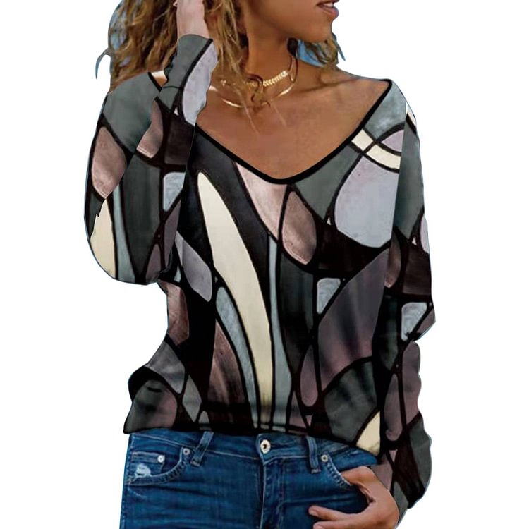 Women's  Imitation Cotton Painted Geometric Pattern Gradient Color Printing Long-Sleeved Top