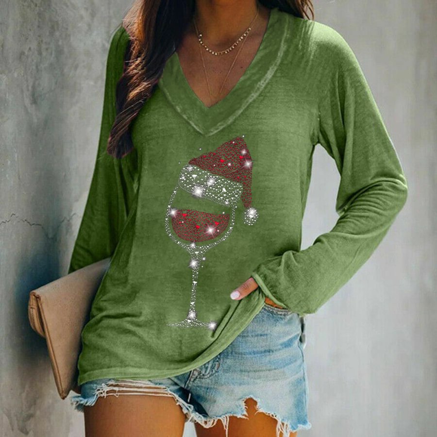 Sparkle Christmas Hat And Red Wine Glass Printed T-shirt