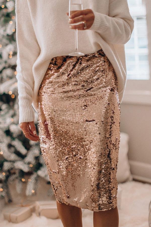 Womens Sequined Fork Opening Knee-Length Skirt-Fashion-Allyzone