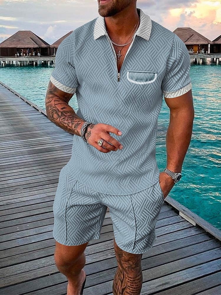 Men's Vacation Printing Color Contrast Blue Polo Suit