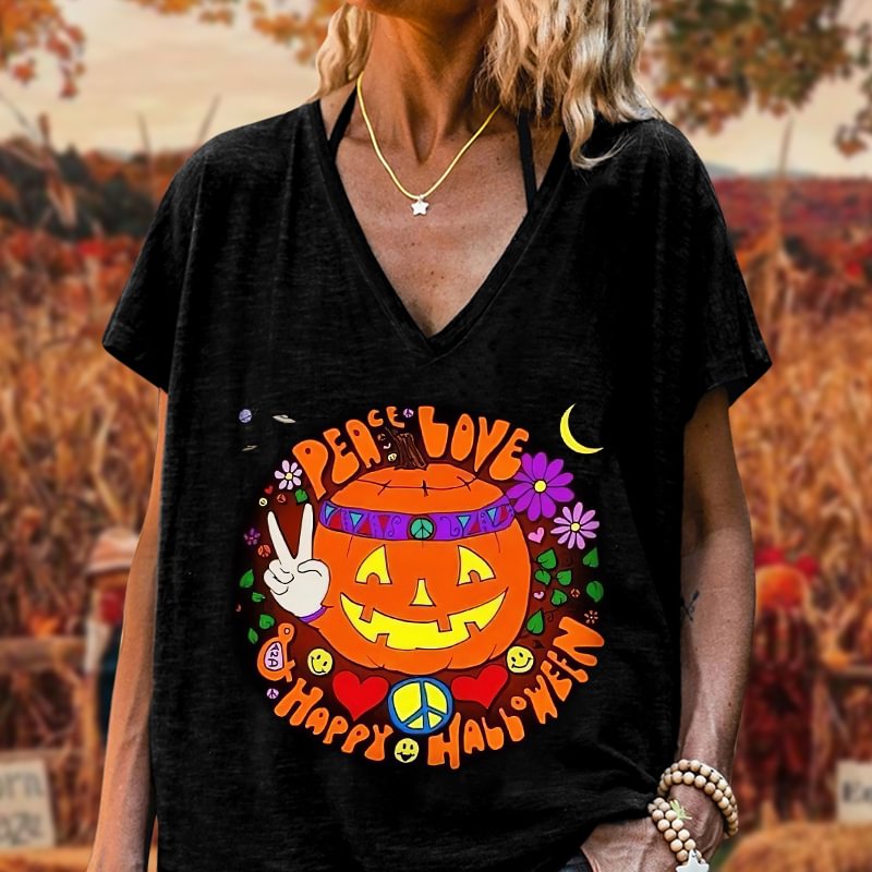 Peace Love Halloween Printed T-shirt