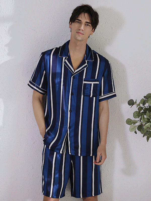 High Quality Blue Stripes Short Silk Pajamas For Men