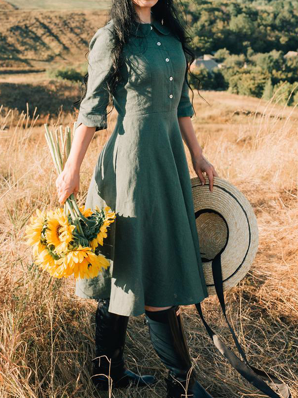 Women's Cotton Dress in Forest Green-Mayoulove