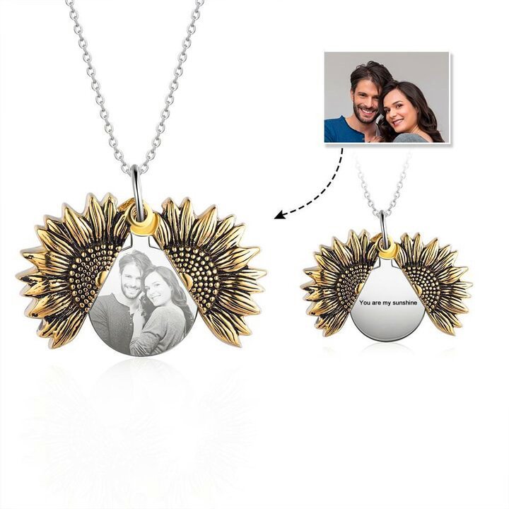 Vintage Customized Open Locket Sunflower Necklace With Engraving You Are My Sunshine, Custom Necklace with Picture and Text