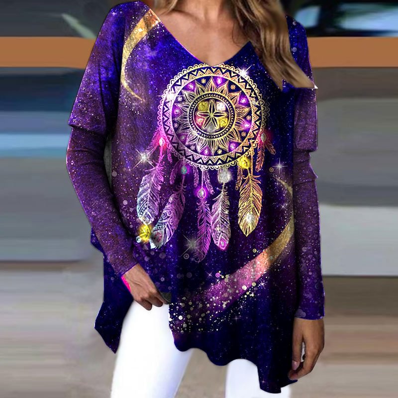Vast Purple Color Skyline Women Wind Chimes Pattern Print V-neck Blouse