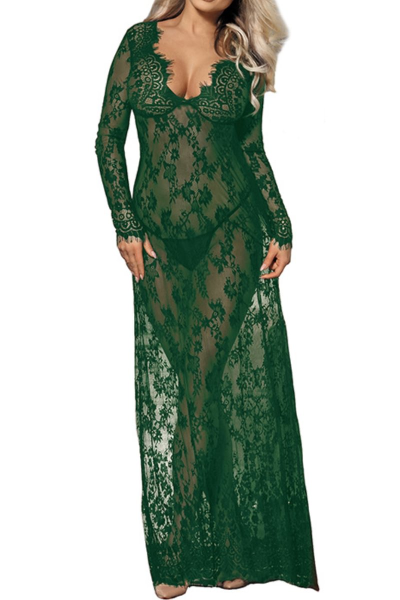 Lace Perspective Nightdress Long Sleeves Dress-Icossi