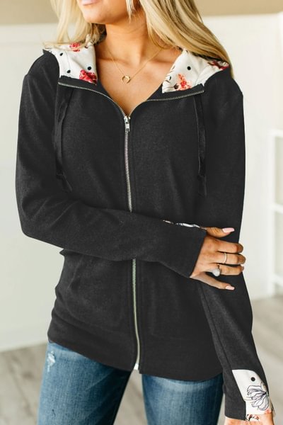 Women Long Sleeve Zip-Up Hoodie Drawstring Floral Print Patchwork Jacket