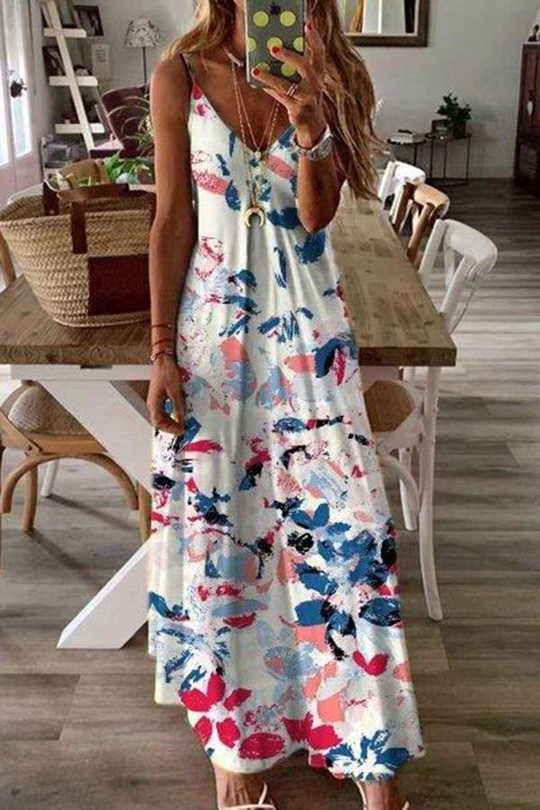 Womens Flower Printed Holidy Maxi Dress-Allyzone-Allyzone