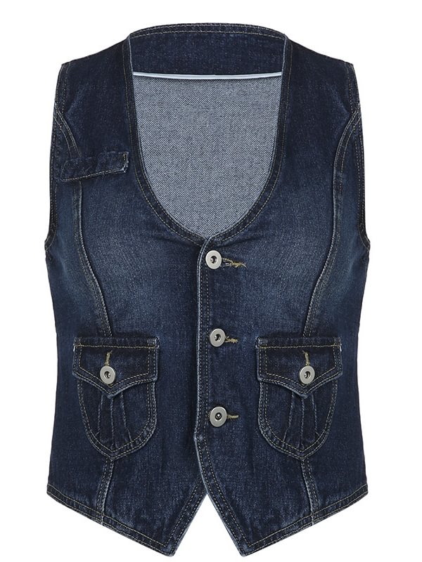 Street Fashion Statement Pockets Decorated Solid Color V Neck Buttoned Denim Vest