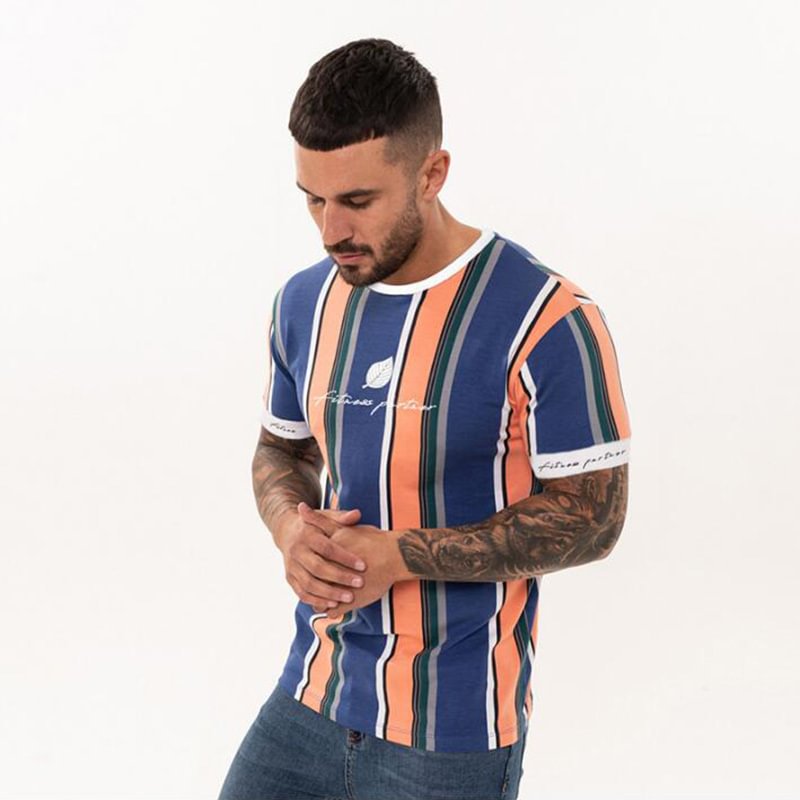 Letter Print Stripes Men's Casual Sports Short Sleeve T-Shirts-VESSFUL