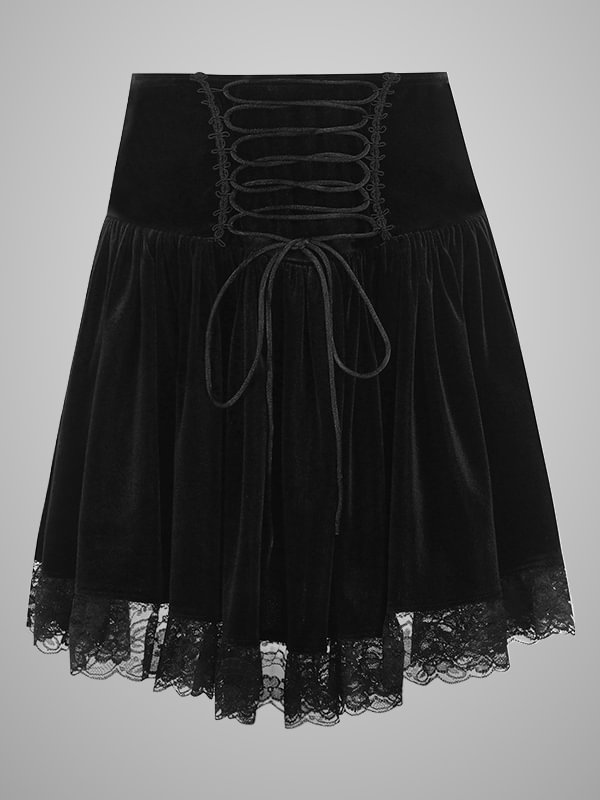 Gothic Dark Street Fashion Sweet Velvet Lace Up Solid Black High Rise Lace Paneled Skater Skirt
