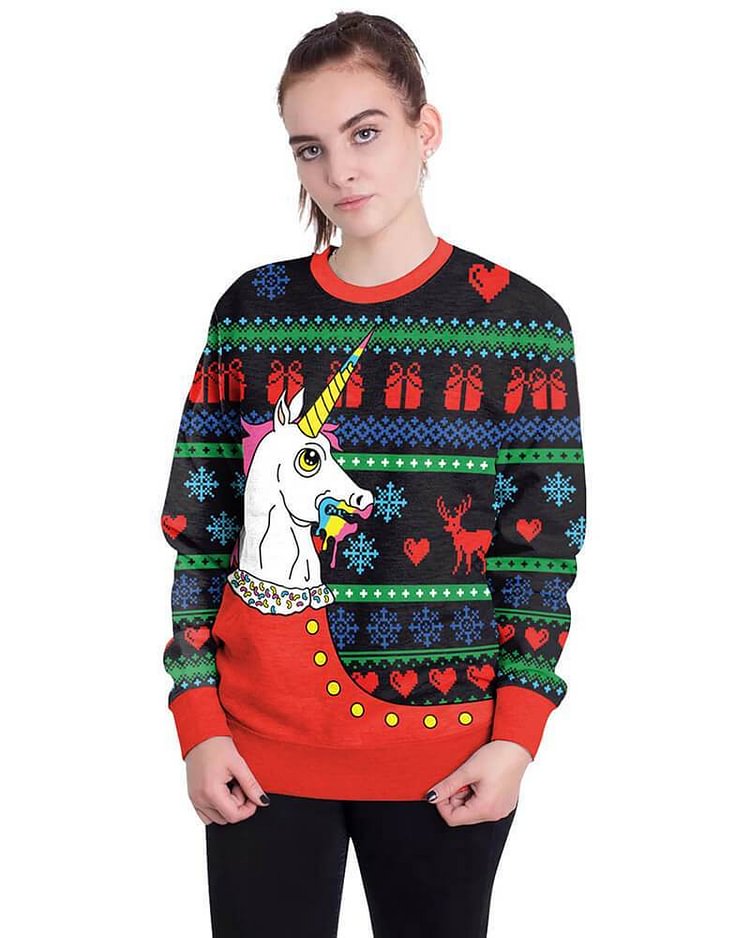 Mayoulove Christmas Unicorn Ugly Christmas Sweater Printed Pullover Sweatshirt-Mayoulove