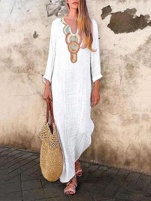 Women's Bohemian Embroidered Loose Cotton Linen Long Sleeve Dress-Mayoulove