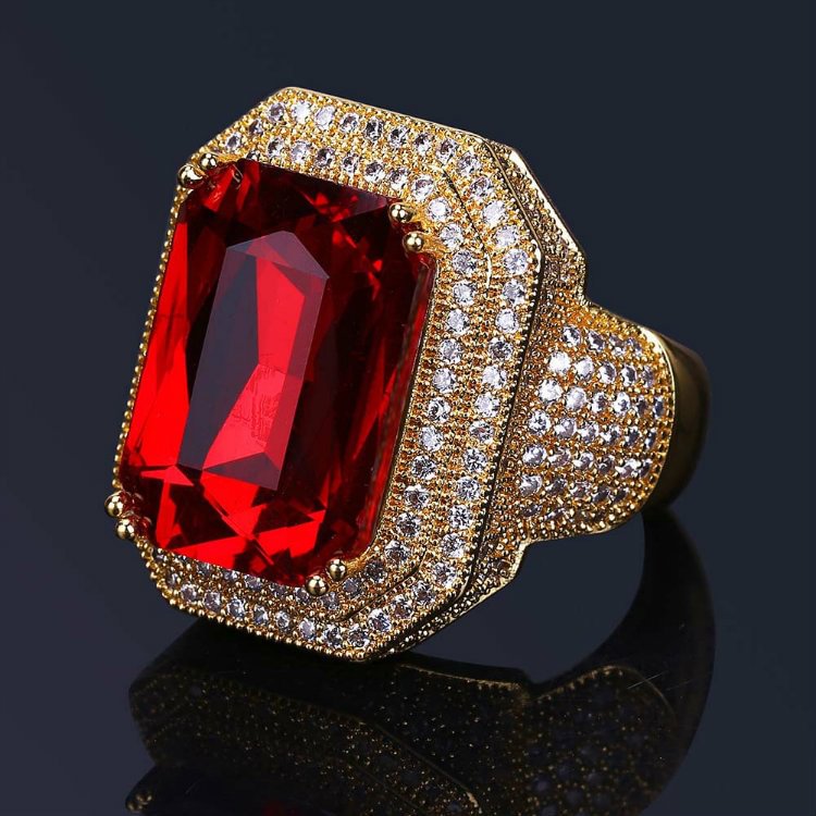 Iced Out Red Rhinestone Men's Ring Hip Hop Bling Jewelry