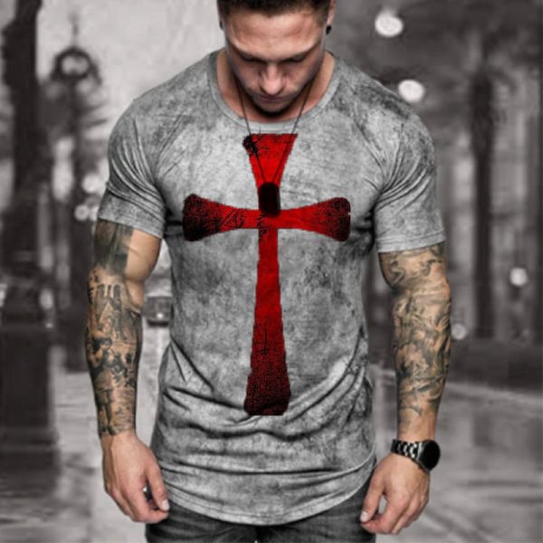 BrosWear Jesus Cross Print Casual Short Sleeve T-shirt grey