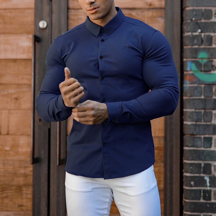 BrosWear Men's Casual Long Sleeve Lapel Shirt