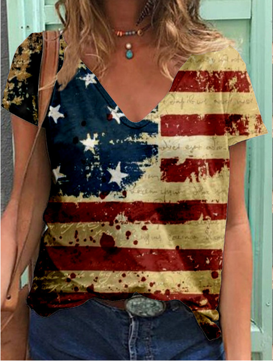 Women's Short Sleeve Flag Independence Day Flagv Neck Star Print T-shirt