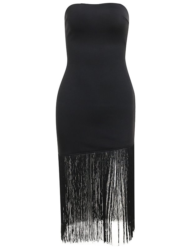 Off The Shoulder Solid Color Fringed Bodycon Dress
