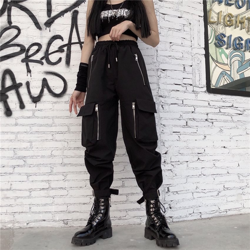 Street functional wind multi-pocket multi-zipper lace-up high-waisted snap button overalls trousers women