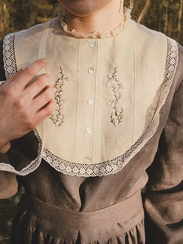 Vintage Embroidered Laced Ruffle Linen Dress-Mayoulove