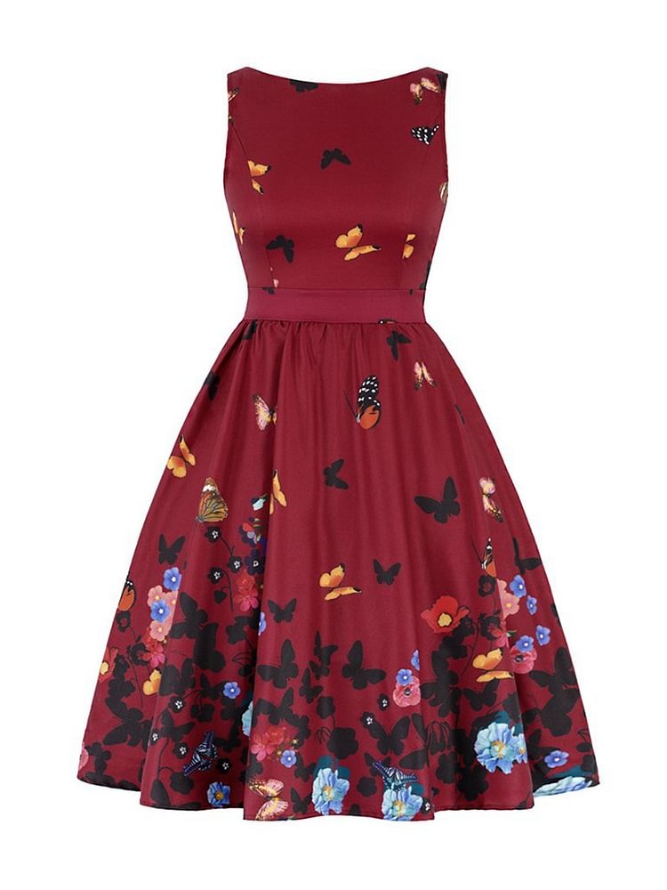 Mayoulove Plus Size Butterfly Print Vintage Dress 50s Dress-Mayoulove