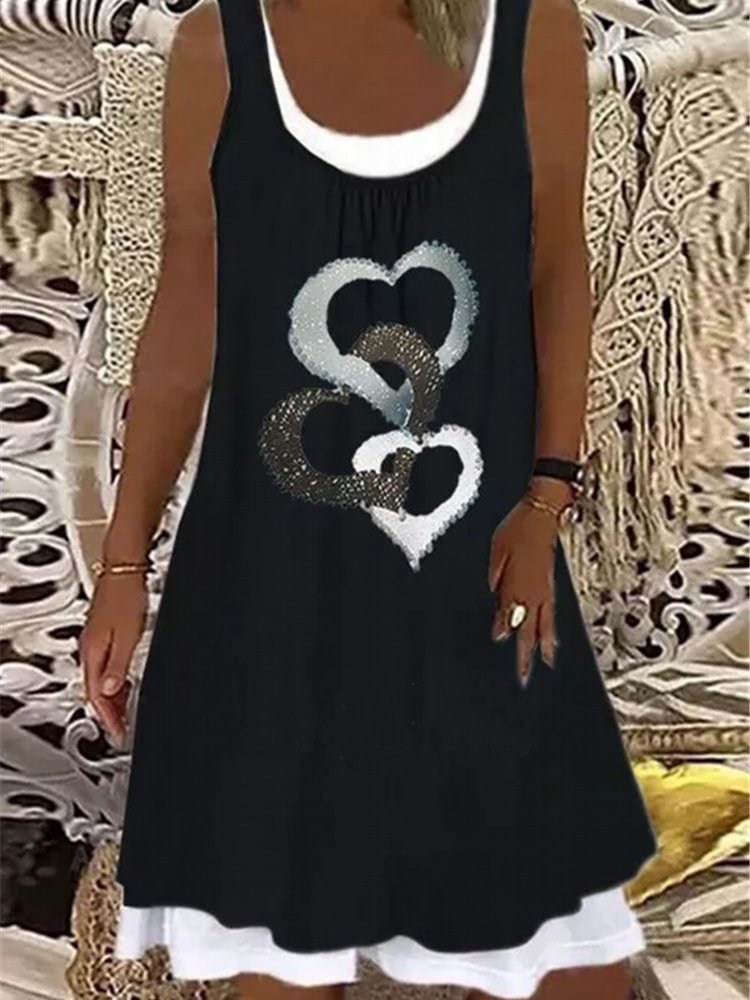 Women's Shift Dress Knee Length Dress Black Sleeveless Heart Print Round Neck Stylish Casual Modern Loose