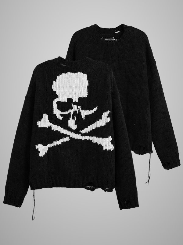Gothic Dark Statement Unisex Color Block Back Skull Ripped Crew Collar Long Sleeve Sweater