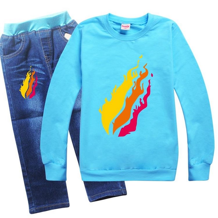 Mayoulove Flaming Fire Print Boys Girls Hoodie Pullover And Jeans Outfits Set-Mayoulove