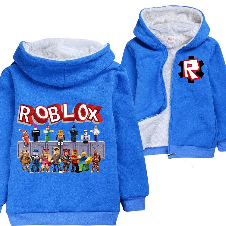 Mayoulove Roblox Toys Print Boys Blue Fleece Up Zip Up Winter Cotton Hoodie-Mayoulove