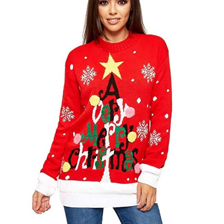 Mayoulove Women's Sweaters Letter Print Long Sleeve Loose Knitted Pullover Christmas Sweater-Mayoulove